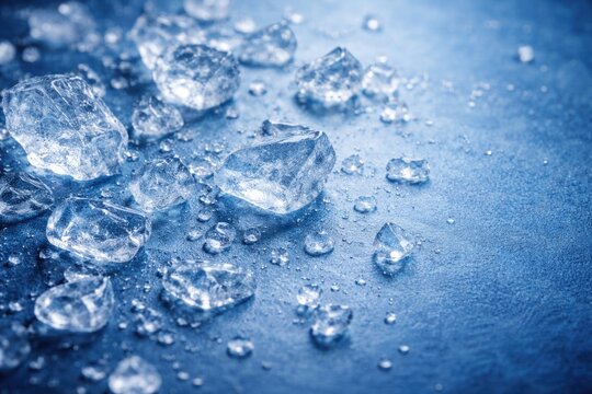Varied size ice shards spread on a smooth blue textured surface close up