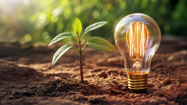 The Dawn of Innovation: A young sprout and a glowing light bulb symbolize the birth of a bright concept, in an illustration of environment.