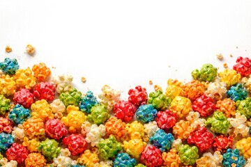 Fototapeta premium Vibrant popcorn mix against white backdrop including copy space for text or graphic content