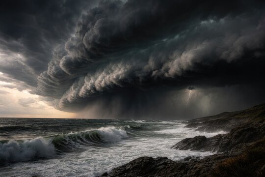 powerful storm clouds rolling over a stormy coastal horizon