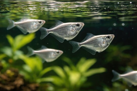 Aquarium lit silver hatchetfish swimming smoothly near the top water surface with slender body