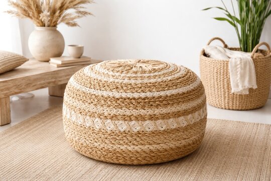 White background showcasing a sustainable bohemian rafia pouf in modern decor
