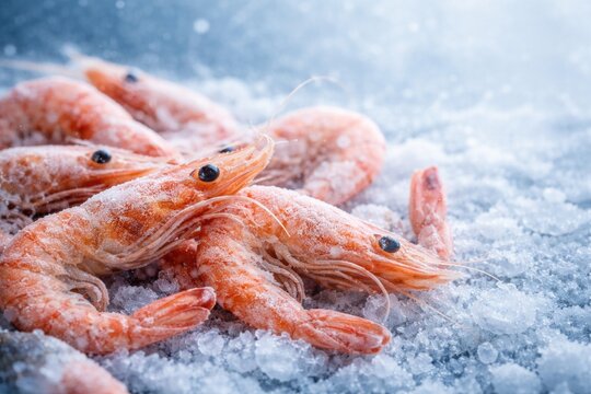 Frozen shrimp seafood delicacies captured close up with dry freezing method and copy space