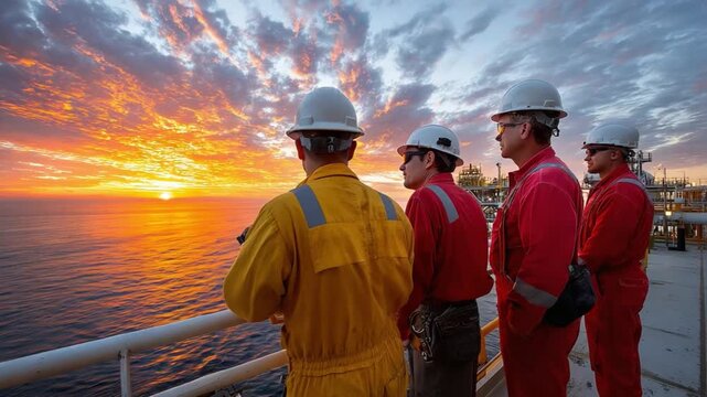 Sunrise Perspective: Engineers and workers dressed in protective workwear stand together, appreciating a beautiful sunrise over the ocean. 