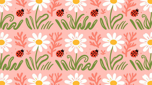 Horizontal seamless ladybug and floral pattern with grass, cute spring repeat design