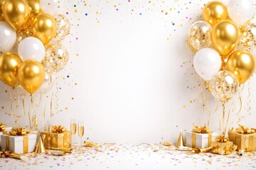 Naklejka premium White background party setup with balloons in gold and white plus colorful confetti copy space