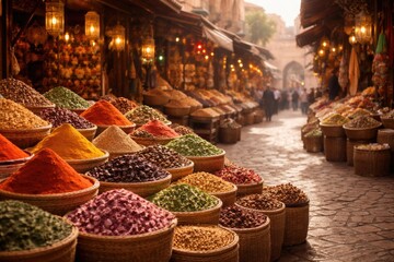 Fototapeta premium Authentic Moroccan market view with herbs and spices displayed on street stalls and copyspace for text