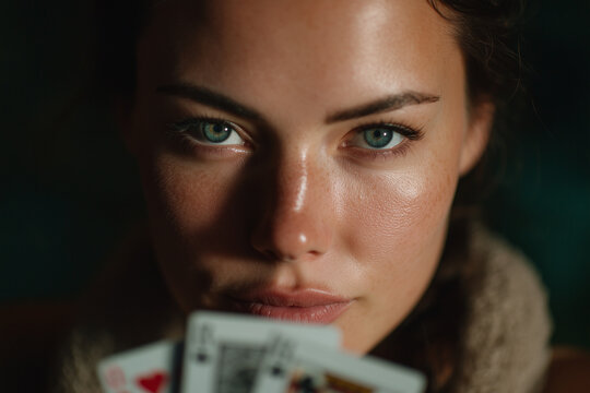 Intense female poker player holding cards close up dramatic gaze gambling tension concept
