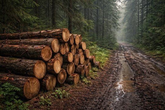 Wood logs piled beside a muddy trail through thick forest