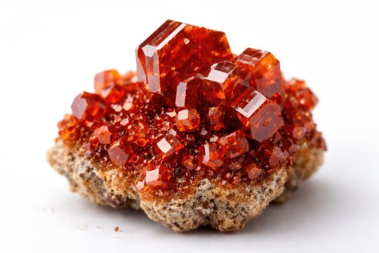 Macro image of vanadinite crystals on a clean white backdrop
