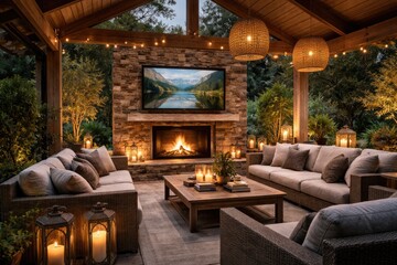 Obraz premium Sophisticated outdoor relaxation area with TV, stone fireplace, and neutral color sofa