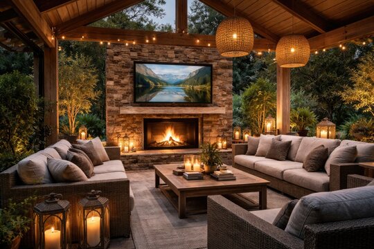 Sophisticated outdoor relaxation area with TV, stone fireplace, and neutral color sofa