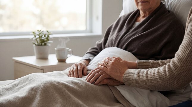 Woman comforting older woman sitting in bed with hand on her arm. Empathy and support in healthcare or home care setting.