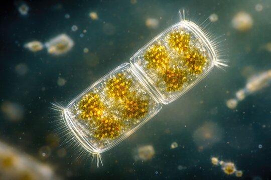 Selective focus on live Lauderia phytoplankton cell from marine environment at 400x optical zoom