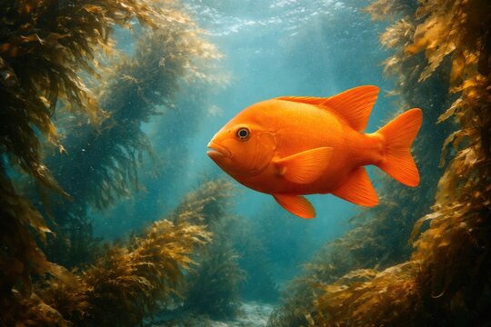 Bright orange Garibaldi swimming through expansive underwater kelp with copy space for text