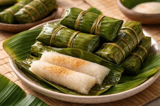 Sticky rice delicacy suman wrapped in green banana leaves on plain white