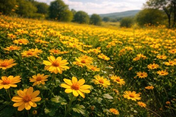 Obraz premium Radiant melampodium blooms spreading across the green meadow