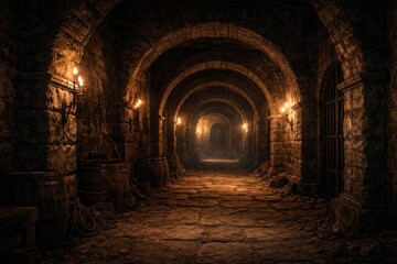 Obraz premium Stone arched hallway illuminated inside ancient dungeon setting