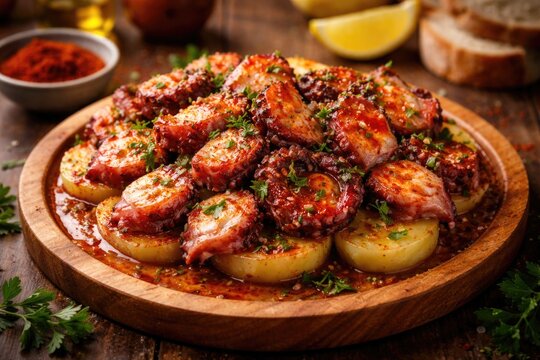 Gourmet Galician style octopus presented on wooden board with paprika and parsley