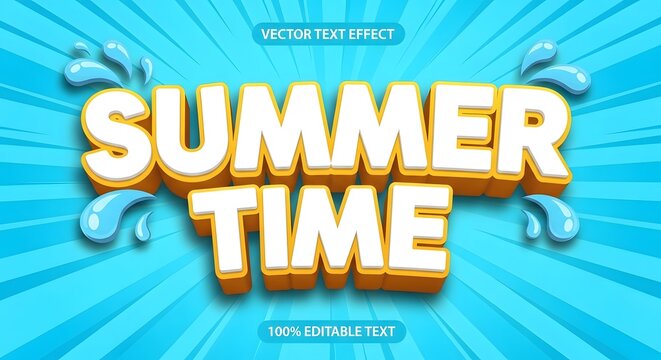 Summer time 3d text effect with water splashes on blue sunburst background