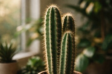 Fototapeta premium Indoor cactus showcasing grain texture and soft focus on a blurred background