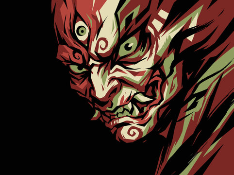 Illustration of a Japanese demon mask with swirling patterns and sharp teeth