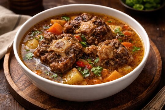 Close up of flavorful halal oxtail soup in white dish on textured wooden platter