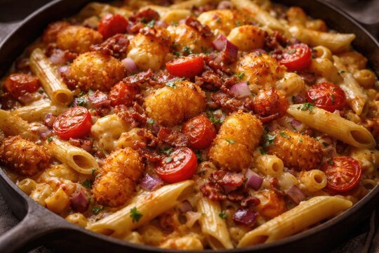 Hearty penne loaded with tater tot mac and cheese red onion tomatoes and smoky bacon bits