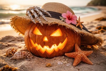 Naklejka premium Halloween pumpkin adorned with skeleton hand, starfish, and fashionable beach hat