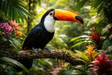 Obraz premium tropical toucan perched on a branch amidst rich foliage and colorful jungle flowers