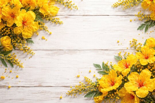 Bright yellow flamboyant flowers arranged on white wooden background with ample copy space for spring and Easter themes