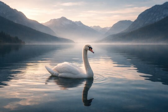 Peaceful white swan floating gracefully on glassy lake surrounded by faraway mountain silhouettes