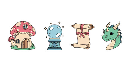 Fototapeta premium Fantasy Icons: Mushroom House, Crystal Ball, Scroll, Dragon Head - Whimsical Vector Illustrations