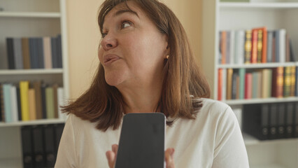 Woman holding smartphone to mouth at desk in building with computer monitor and bookshelves visible  engaged. © Krakenimages.com
