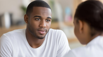 Fototapeta premium Close-up of a positive African American man speaking during a consultation in a medical setting, therapy participation concept, mental health dialogue, counseling engagement,