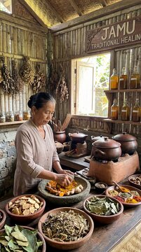 Asian woman crushing turmeric and ginger in a mortar. Traditional Indonesian jamu herbal medicine preparation for natural wellness.