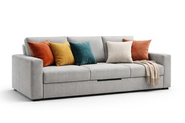 Naklejka premium Three seat grey couch sofa bed with linen fabric and colorful cushions on a plain white backdrop