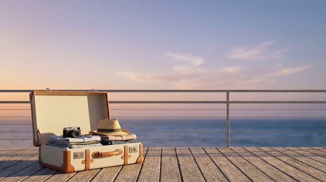 Open vintage suitcase, packed for a luxurious summer vacation, on a wooden deck by a serene ocean at sunset, inviting a tranquil and high-end travel experience