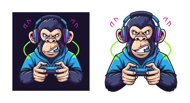 A fierce monkey wearing headphones and playing a video game with a controller, depicted in a vibrant cartoon style.