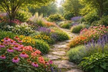 Obraz premium Garden scene featuring vivid flowers and lush plants used as a background for landscape design on Earth Day