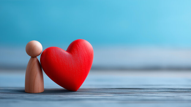 Close-up of a red wooden heart and small human figure doll on a light blue background, health and care concept, mental wellbeing symbol, family and emotional support, with copy