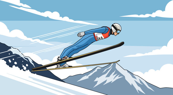 Skier flying high in the air during a ski jumping competition on a snowy mountain