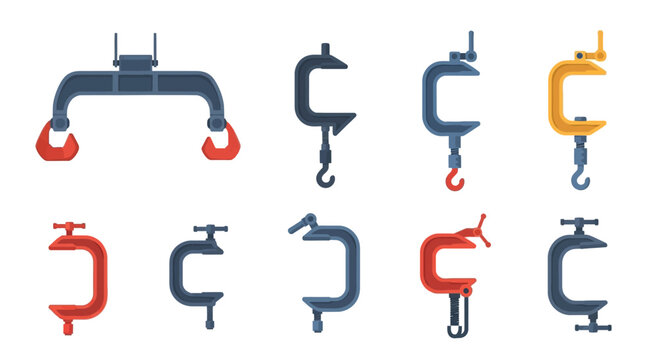 Set of Various C-Clamps and Industrial Clamps, Tools for Fixing and Holding Objects