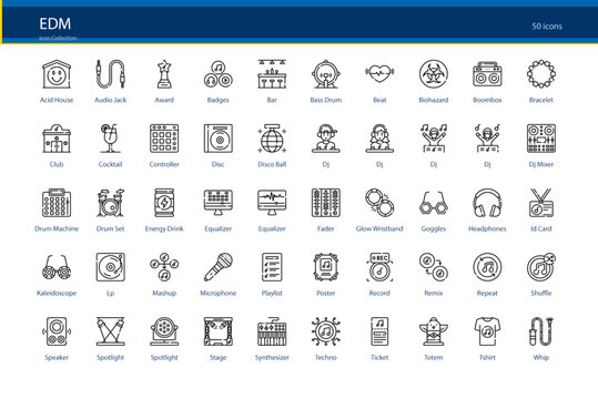 EDM Electronic Dance Music Festival Party Icon Set