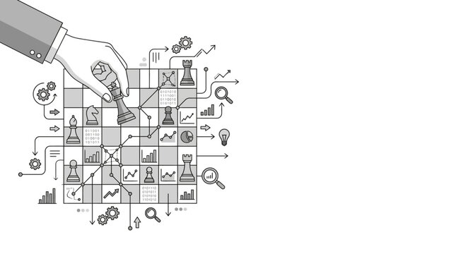 Business strategy concept with hand moving chess piece on board.