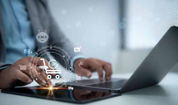 AI ecommerce shopping technology with digital cart online payment smart retail automation customer service marketing analytics and modern business innovation concept