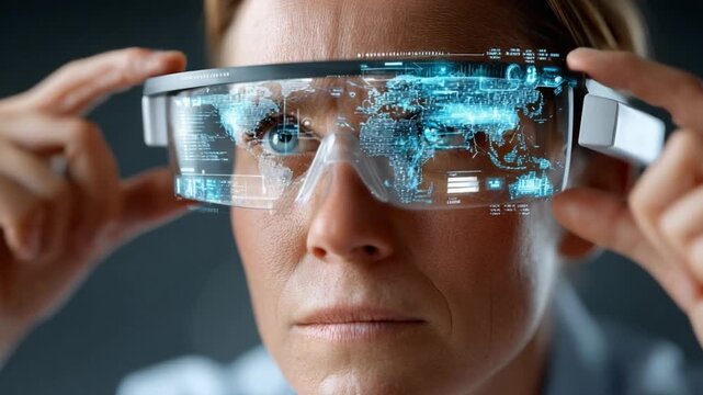 Futuristic Gaze: A close-up shot captures the intense focus of an individual, immersed in a high-tech virtual reality experience through futuristic glasses.