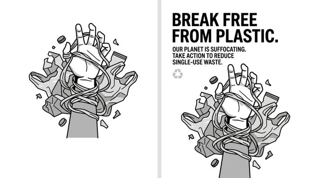 Break free from plastic concept illustration showing hands trapped by plastic waste.