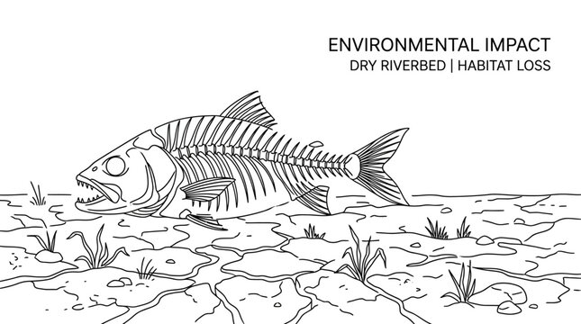 A detailed line art illustration of a fish skeleton on cracked dry ground.