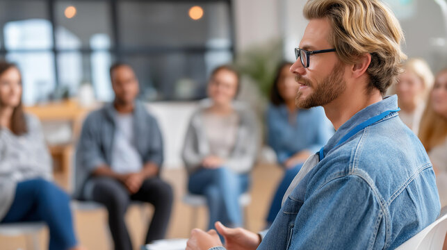 Rear view of a man sharing his experience during a group addiction recovery session, rehabilitation concept, alcoholism recovery group, therapy for substance abuse, defocused